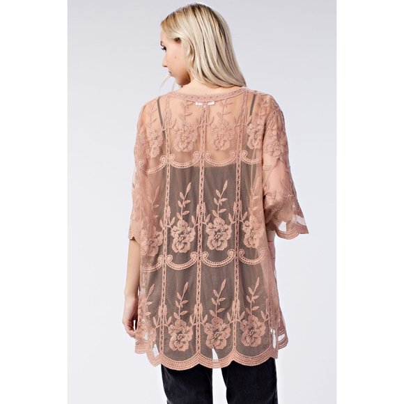 Embroidered Lace Kimono, Mocha - Picture 3 of 4